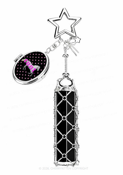 Pink Cxxt Horse 1pc Y2K Metal Mesh Lipstick Holder Keychain With Mirror Cherrykitten