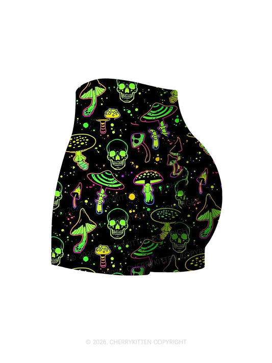 Neon Skull Mushroom Y2K Print Yoga Shorts Cherrykitten