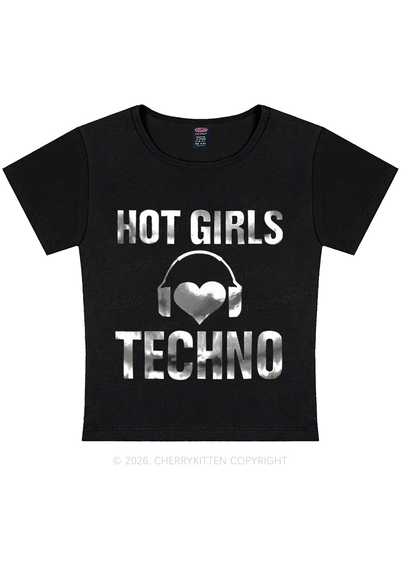 Hot Girls Love Techno Silver Foil Printed Y2K Baby Tee Cherrykitten