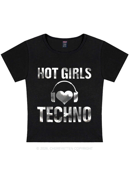 Hot Girls Love Techno Silver Foil Printed Y2K Baby Tee Cherrykitten