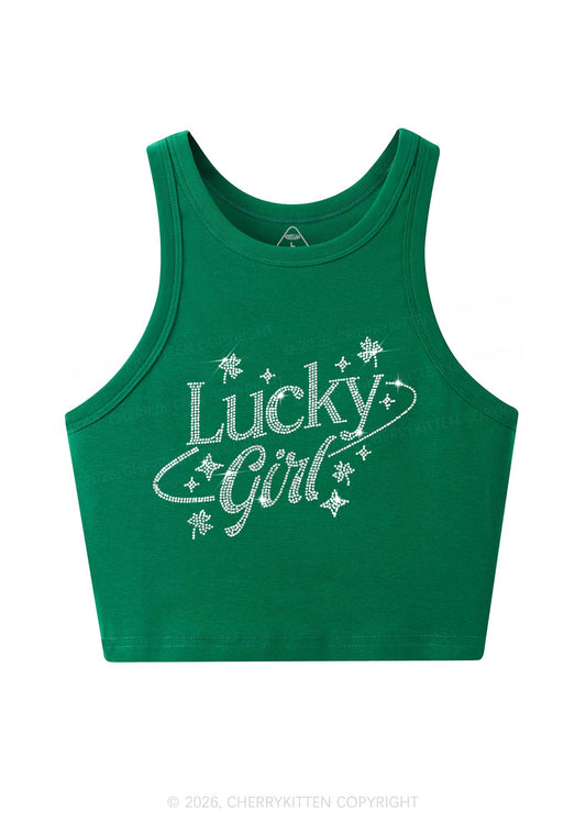 Rhinestone Lucky Girl St Patricks Y2K Crop Tank Top Cherrykitten