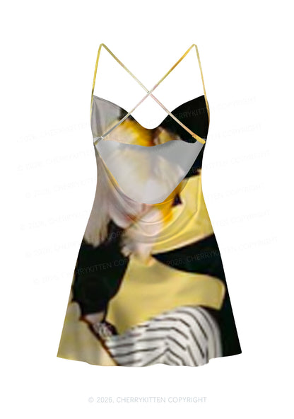 Custom Personalized Photo Y2K Print Satin Cowl Neck Slip Dress Cherrykitten