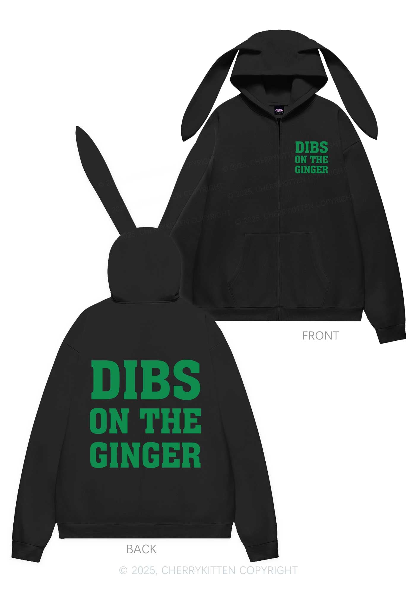 Dibs On The Ginger St Patricks Y2K Bunny Ear Zip Hoodie Cherrykitten