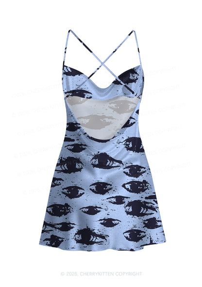 Eyes In The Blue Y2K Print Satin Cowl Neck Slip Dress Cherrykitten