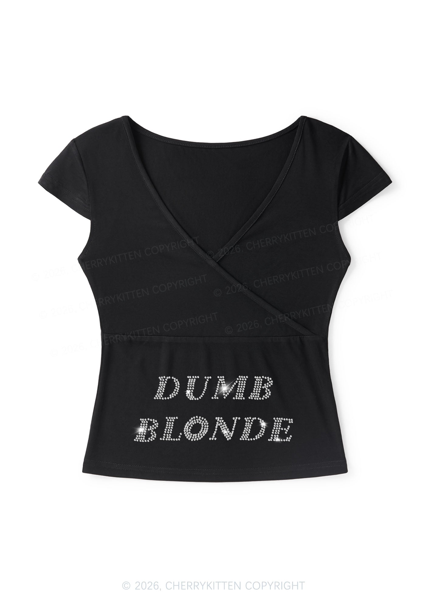 Rhinestone Dumb Blonde Y2K Wrap V Neck T Shirts Cherrykitten