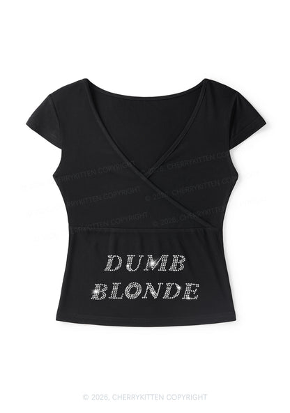Rhinestone Dumb Blonde Y2K Wrap V Neck T Shirts Cherrykitten