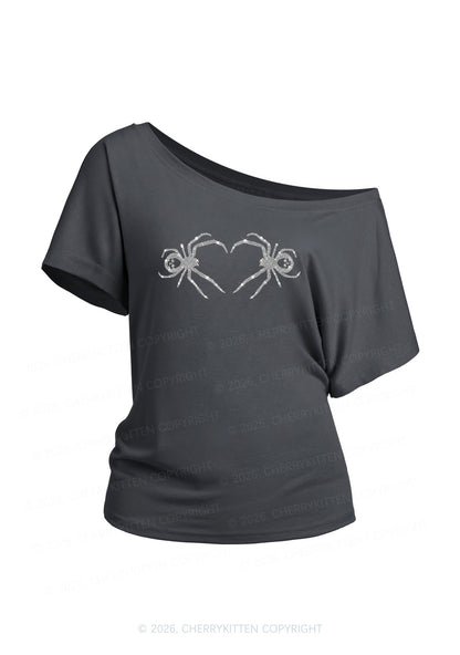 Rhinestone Skull Spider Y2K Off Shoulder Tee Cherrykitten