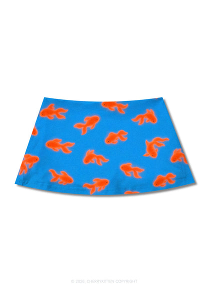 Orange Goldfish On Blue Y2K Print Mini Skirt Cherrykitten
