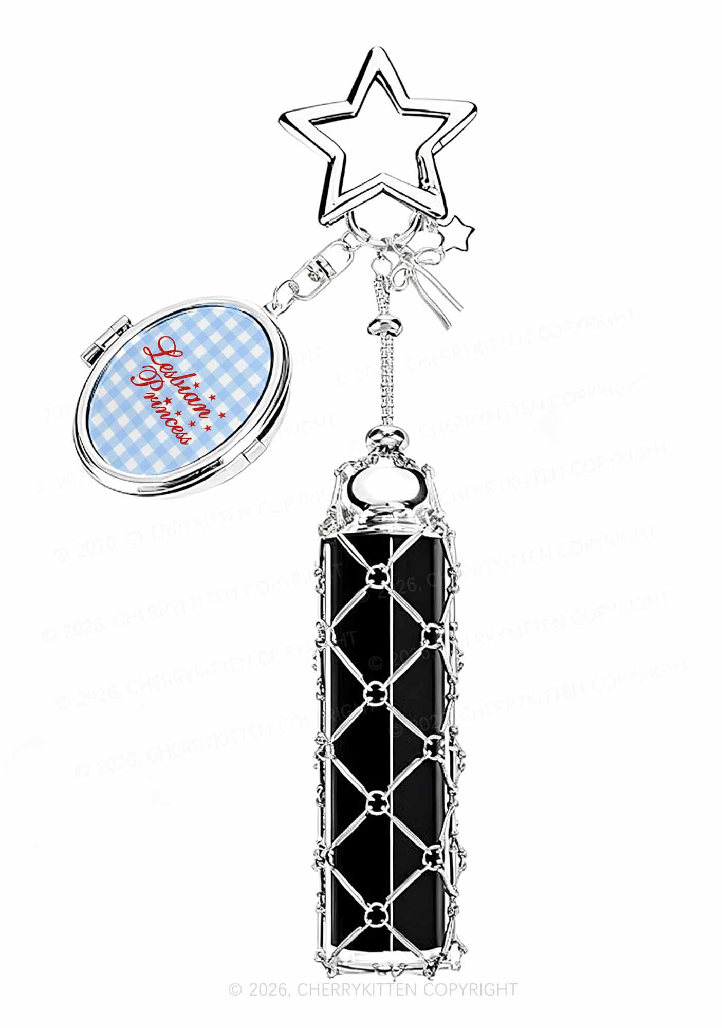 Lesbian Princess Blue Plaid Pride 1pc Y2K Metal Mesh Lipstick Holder Keychain With Mirror Cherrykitten