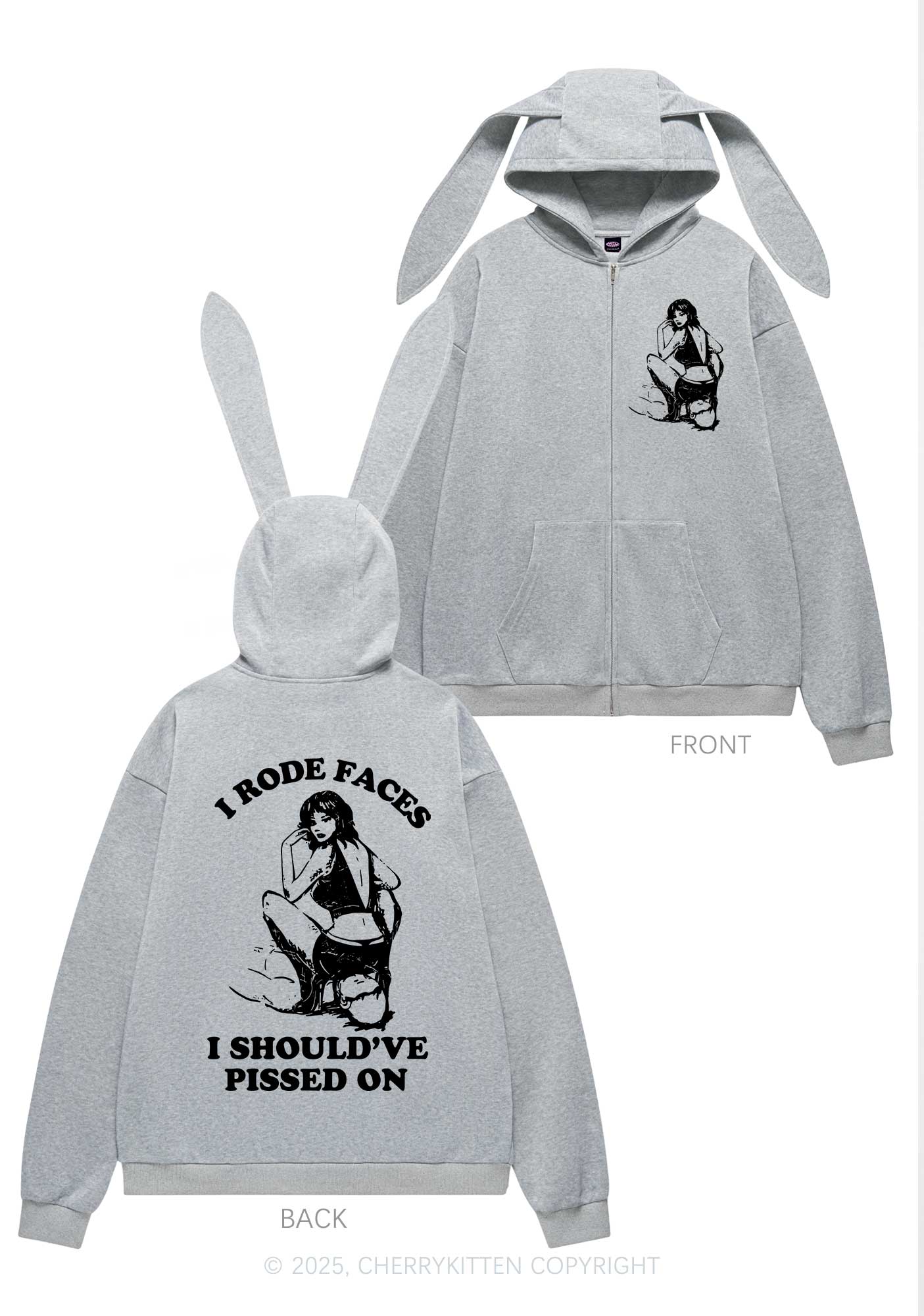 I Rode Faces Y2K Bunny Ear Zip Hoodie Cherrykitten