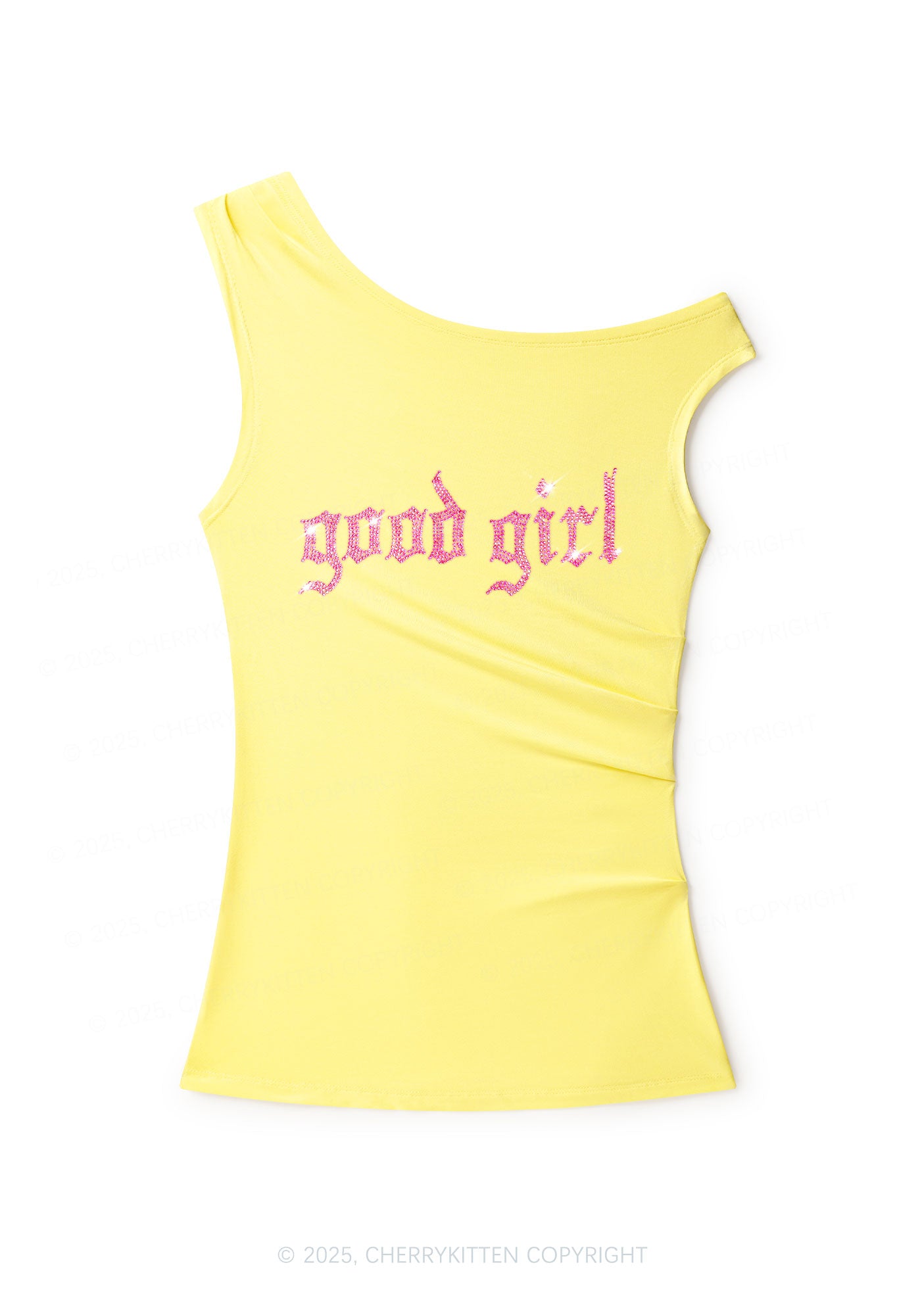 Rhinestone Good Girl Y2K Off Shoulder Tank Top Cherrykitten