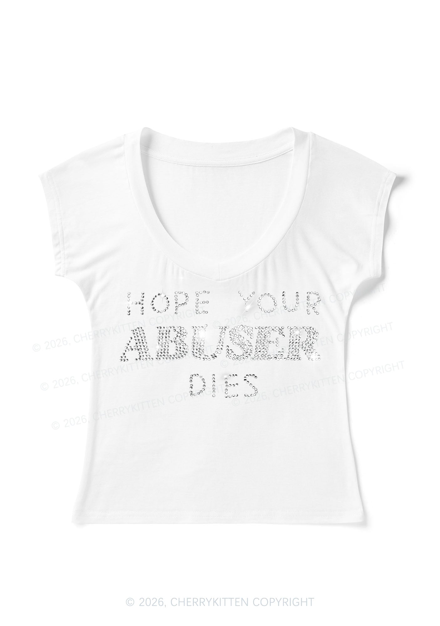 Rhinestone Abuser Dies Y2K V Neck T Shirts Cherrykitten