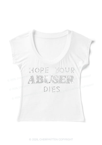 Rhinestone Abuser Dies Y2K V Neck T Shirts Cherrykitten