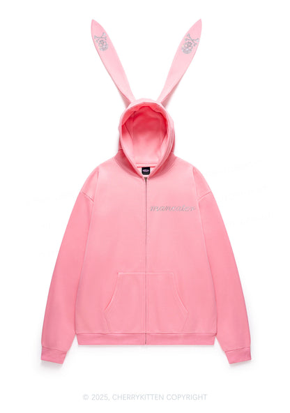 Rhinestone Maneater Skull Y2K Bunny Ear Zip Hoodie Cherrykitten