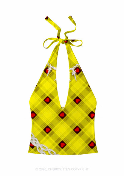 Star Chain and Hearts Y2K Print Halter Deep V Neck Cami Cherrykitten