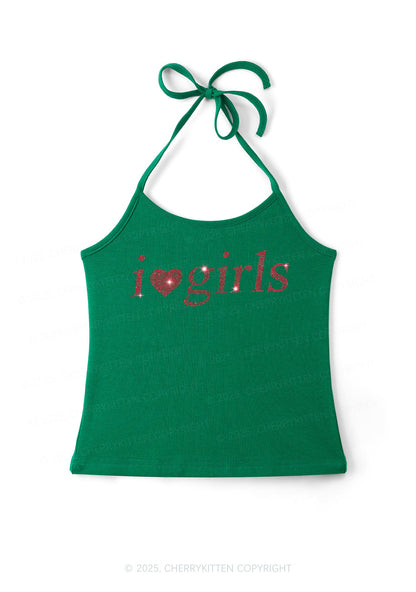 Rhinestone I Love Girls Y2K Halter Neck Cami Cherrykitten