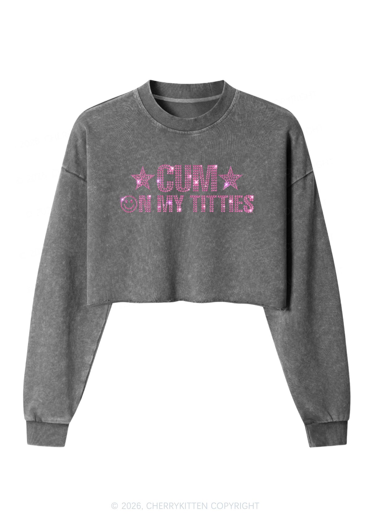 Rhinestone Cxm On My Txtties Y2K Crop Washed Sweatshirts Cherrykitten