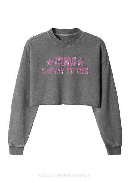 Rhinestone Cxm On My Txtties Y2K Crop Washed Sweatshirts Cherrykitten