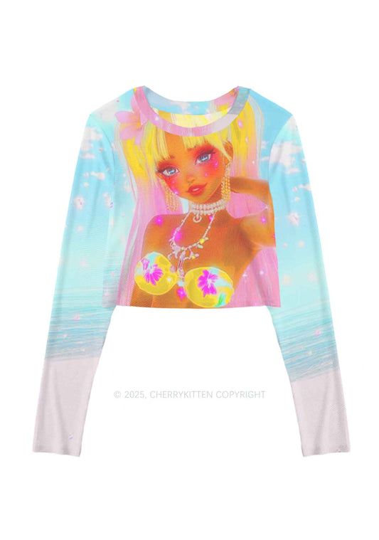 Flower Princess Y2K Mesh Long Sleeve Crop Top Cherrykitten