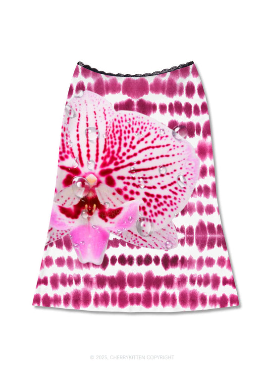 Pink Orchid Dewdrops Y2K Print Midi Skirt Cherrykitten