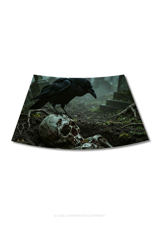 Halloween Raven On Skull Y2K Print Mini Skirt Cherrykitten