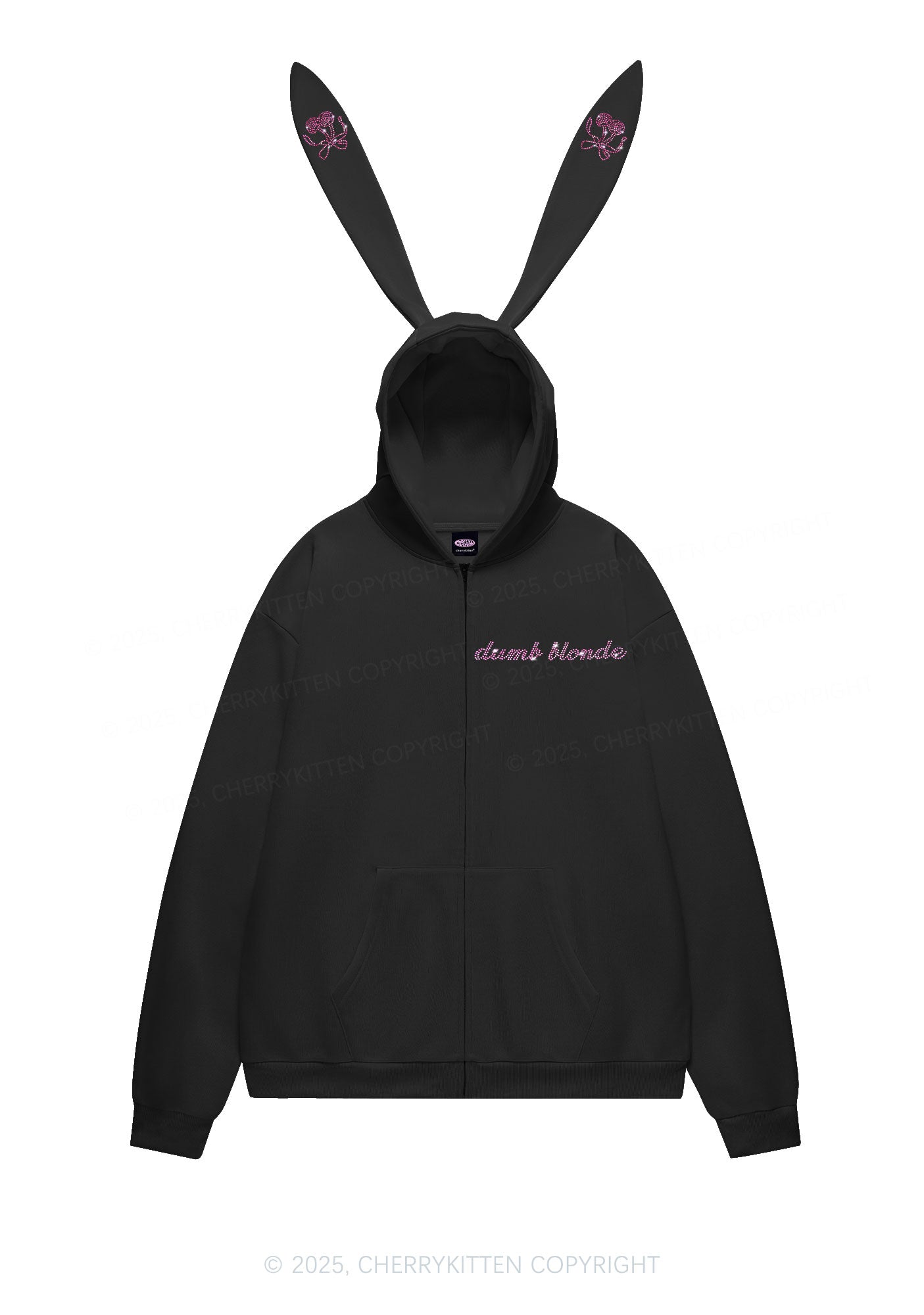Rhinestone Dumb Blonde Cherry Y2K Bunny Ear Zip Hoodie Cherrykitten