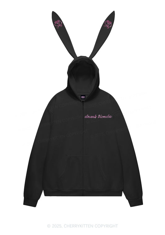 Rhinestone Dumb Blonde Cherry Y2K Bunny Ear Zip Hoodie Cherrykitten