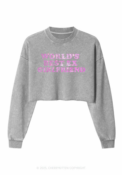 Rhinestone Best Ex Girlfriend Y2K Crop Washed Sweatshirts Cherrykitten
