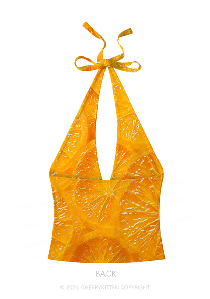 Orange Slice Y2K Print Halter Deep V Neck Cami Cherrykitten