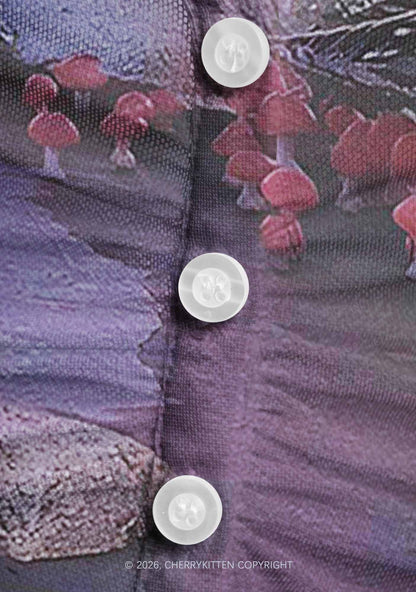 Pink Mushroom Y2K Mesh Ruched  Waist  V Neck Top Cherrykitten