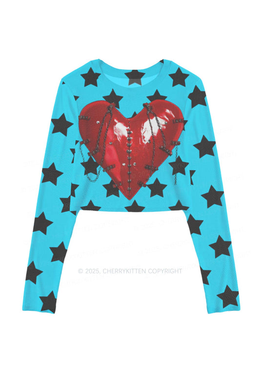 Punk Red Heart Y2K Mesh Long Sleeve Crop Top Cherrykitten