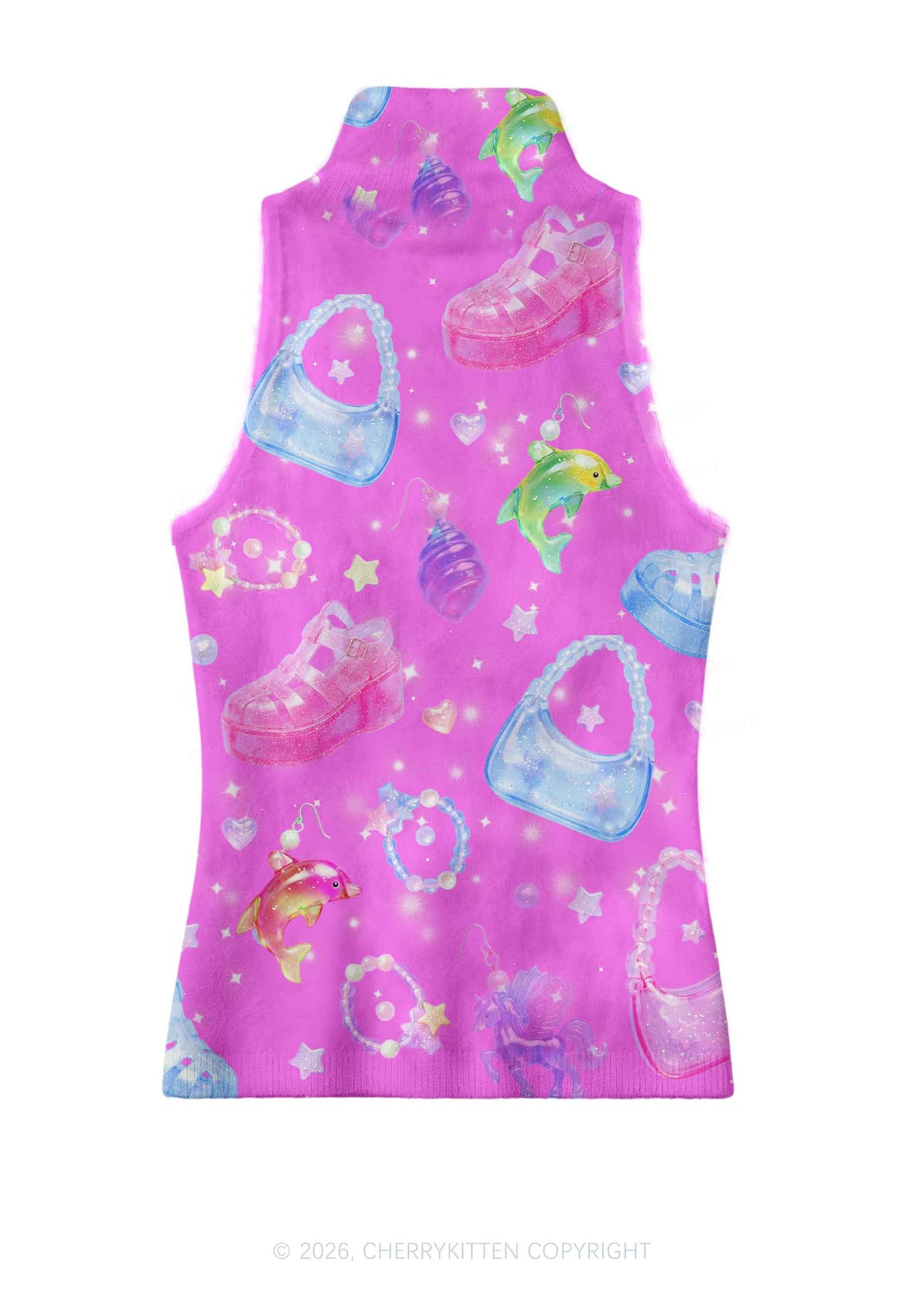 Hot Pink Jelly Charms Y2K Knit Turtleneck Tank Top Cherrykitten
