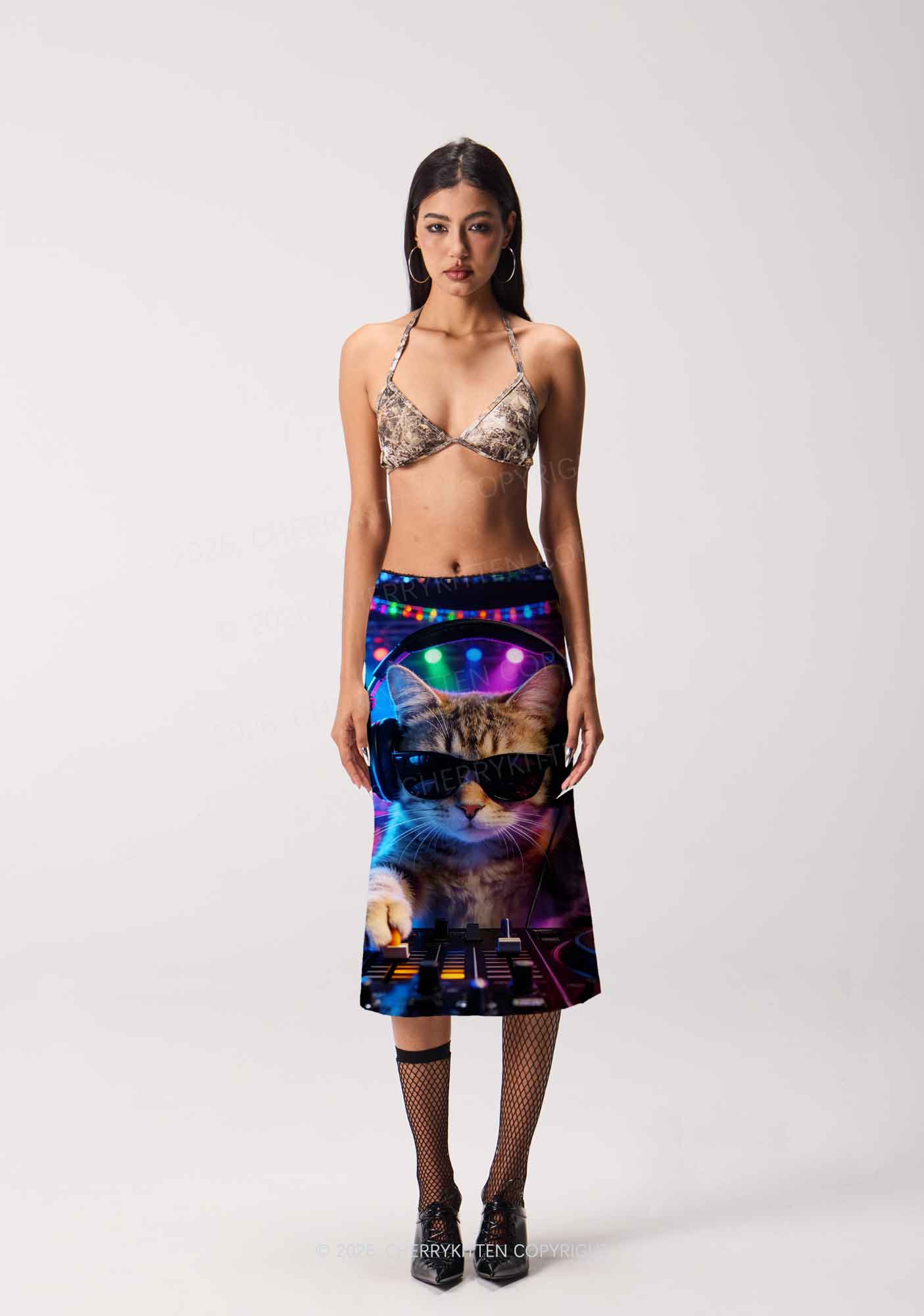 DJ Cat Rave Y2K Print Midi Skirt Cherrykitten