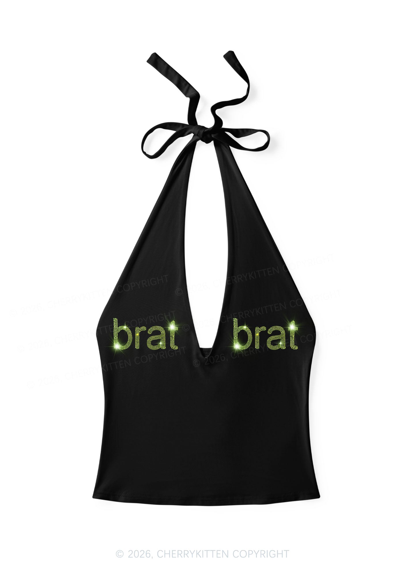 Rhinestone Green Brat Y2K Halter Deep V Neck Cami Cherrykitten