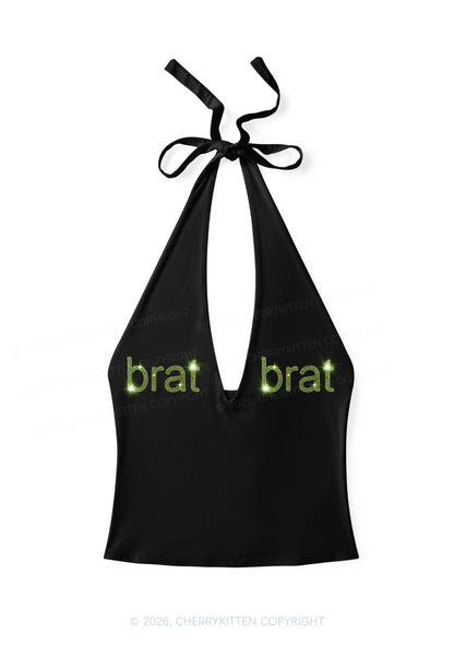 Rhinestone Green Brat Y2K Halter Deep V Neck Cami Cherrykitten
