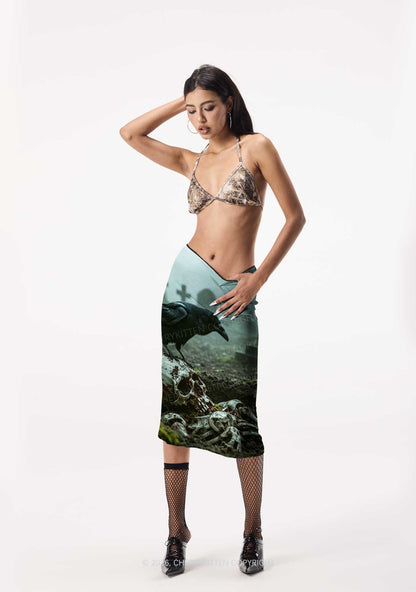 Halloween Raven On Skull Y2K Print Midi Skirt Cherrykitten