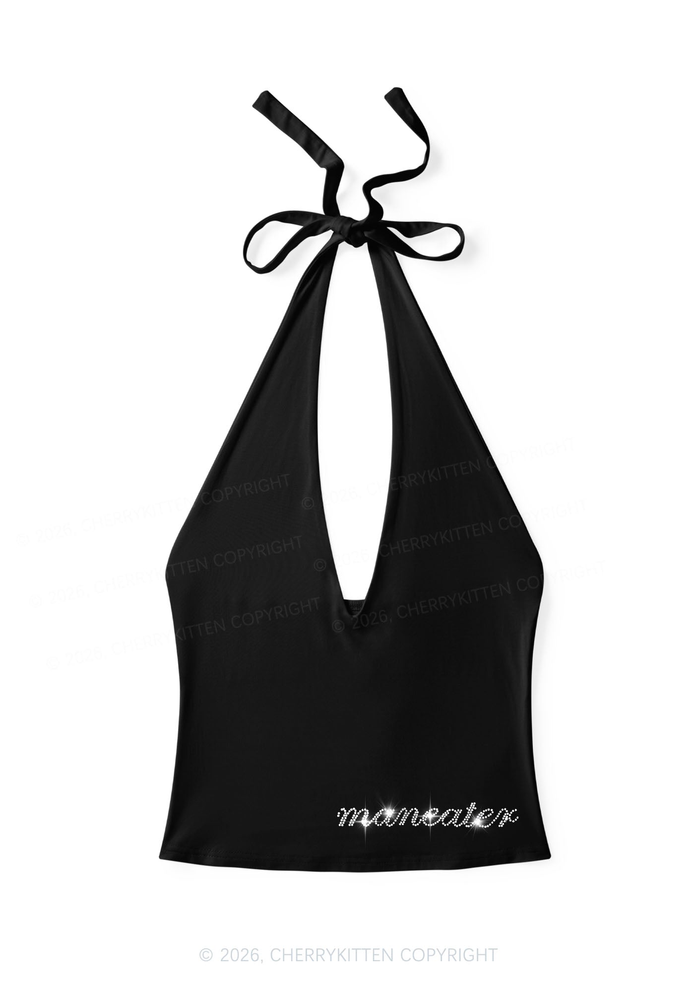 Rhinestone Maneater Y2K Halter Deep V Neck Cami Cherrykitten