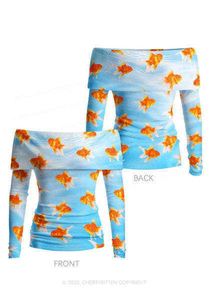Goldfish Y2K Off Shoulder Fold Over Knit Top Cherrykitten