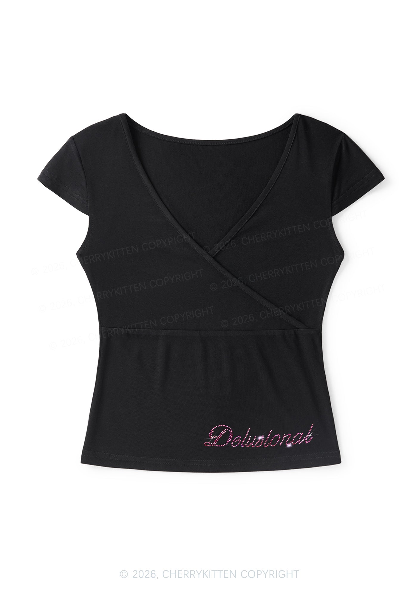 Rhinestone Delusional Y2K Wrap V Neck T Shirts Cherrykitten