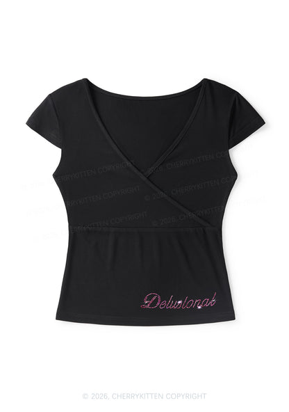 Rhinestone Delusional Y2K Wrap V Neck T Shirts Cherrykitten