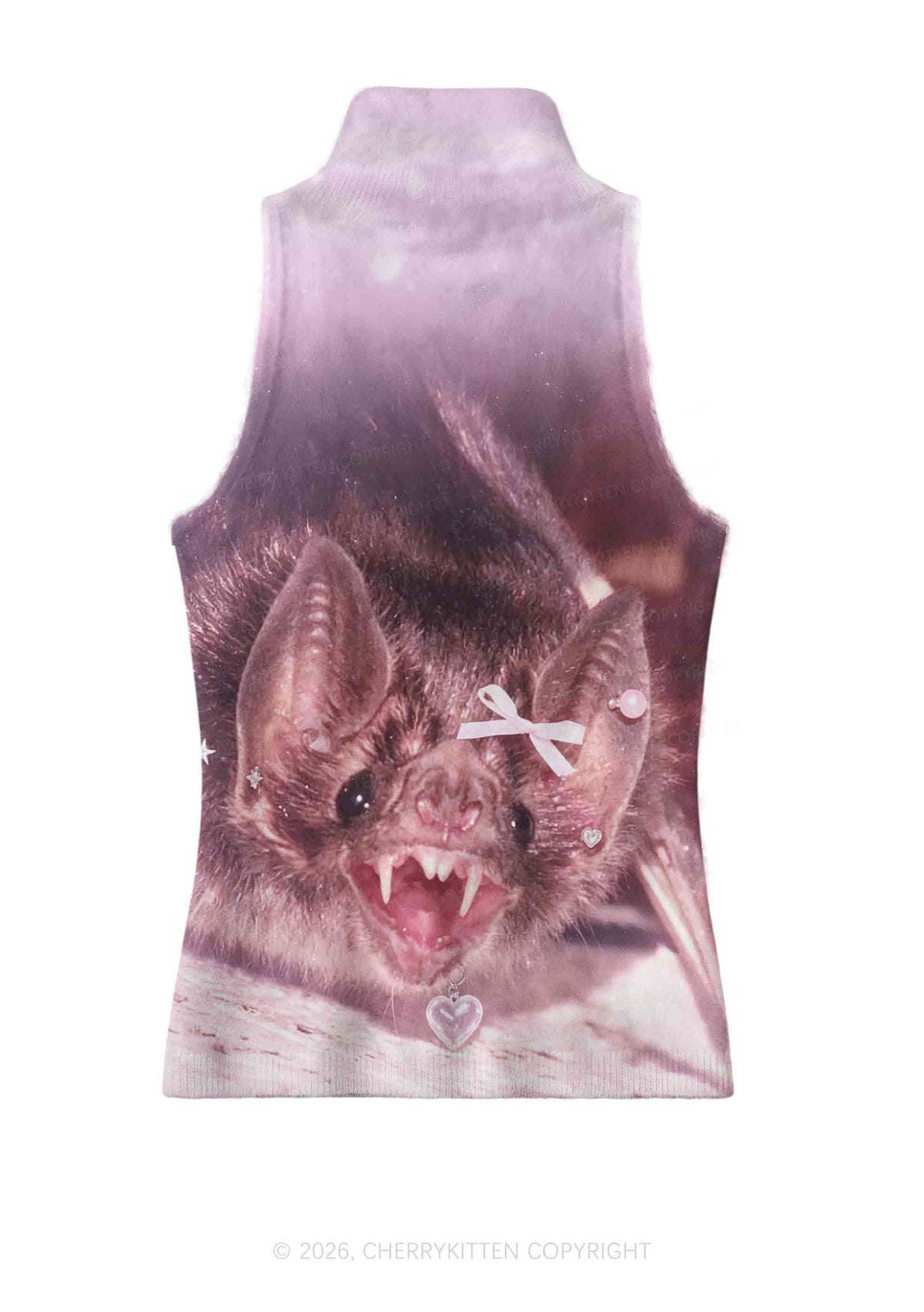 Halloween Pink Bow Bat Y2K Knit Turtleneck Tank Top Cherrykitten