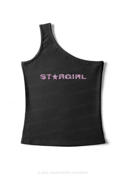 Rhinestone Red Stargirl Y2K One Shoulder Tank Top Cherrykitten