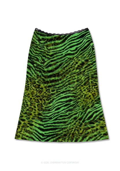 Green Zebra Leopard Pattern St Patricks Y2K Print Midi Skirt Cherrykitten