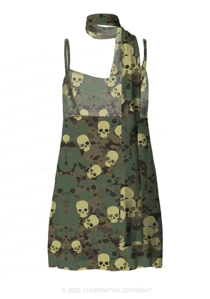 Halloween Camouflage Skull Y2K Mesh Slip Dress Cherrykitten