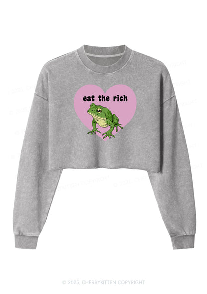 Eat The Rich Frog Y2K Crop Washed Sweatshirts Cherrykitten