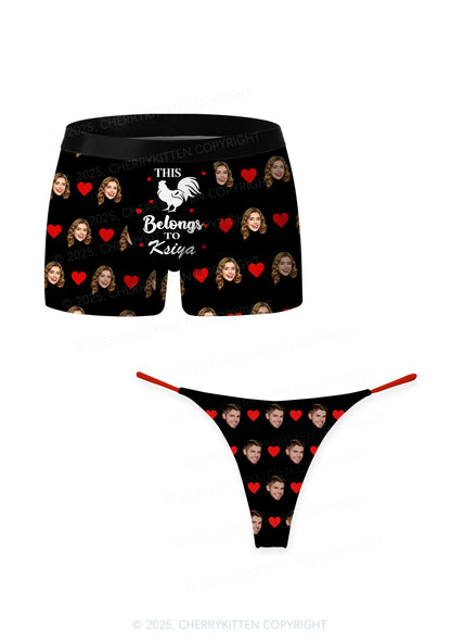 Custom This Rooster Belongs Valentine's Day Y2K Print Couples Boxer Thong Set Cherrykitten