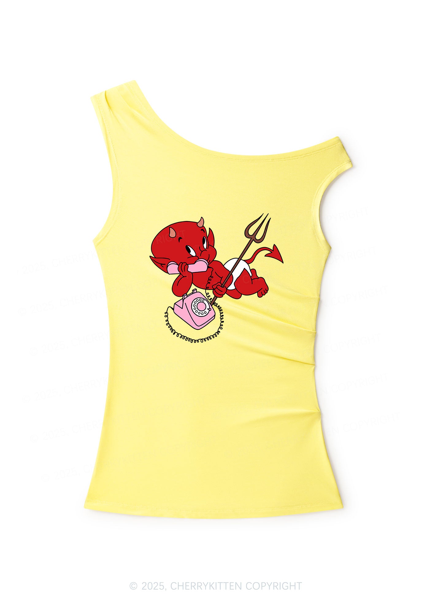 Little Devil On The Phone Y2K Off Shoulder Tank Top Cherrykitten
