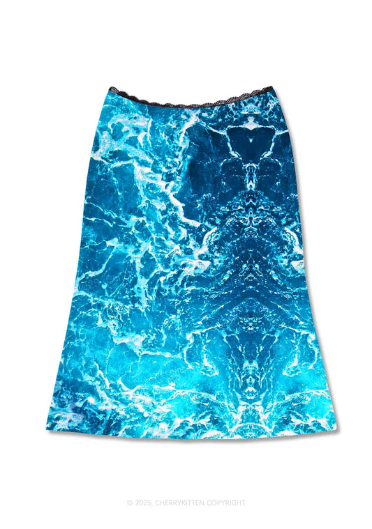 Ocean Wave Y2K Print Midi Skirt Cherrykitten