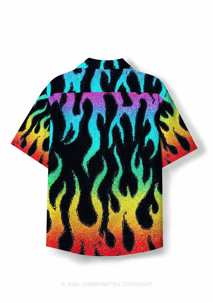 Rainbow Flame Pride Y2K Print Hawaiian Shirt Cherrykitten