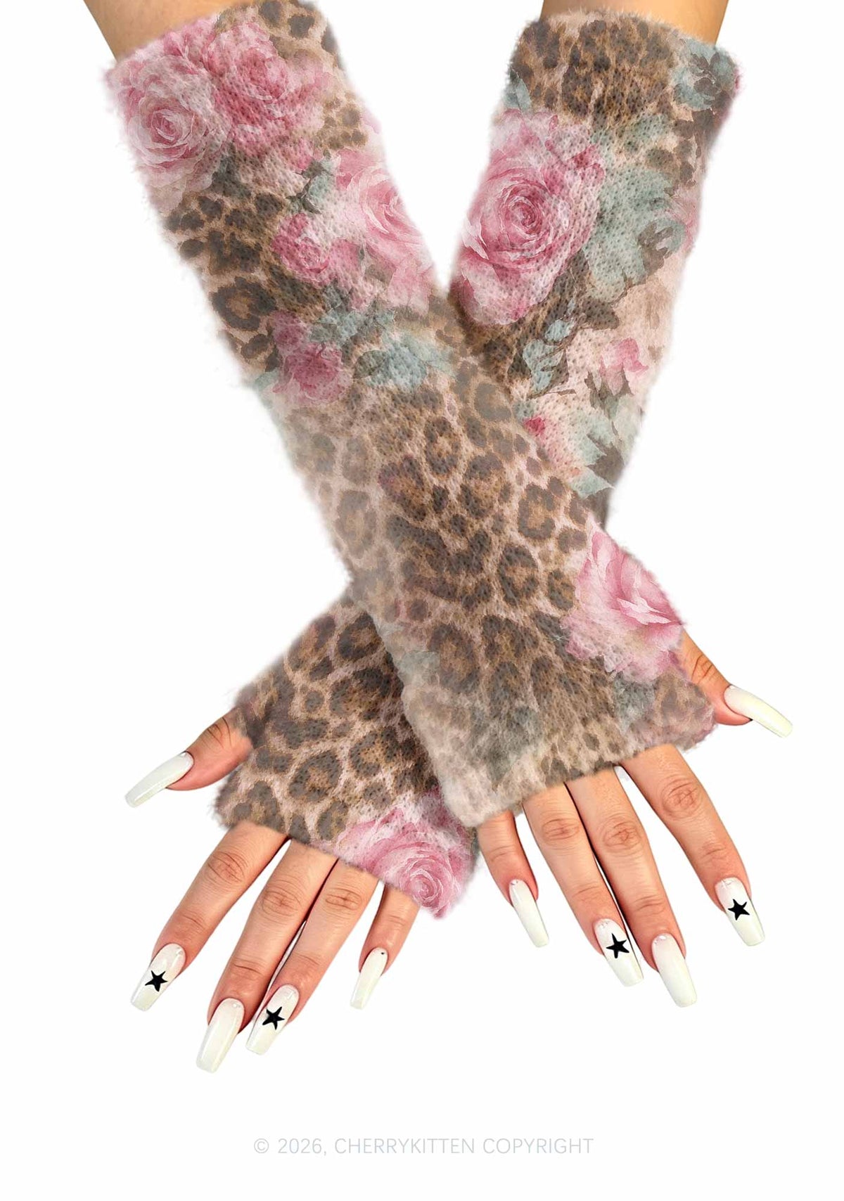 Pink Rose Leopard Y2K Print Fuzzy Arm Warmers Cherrykitten